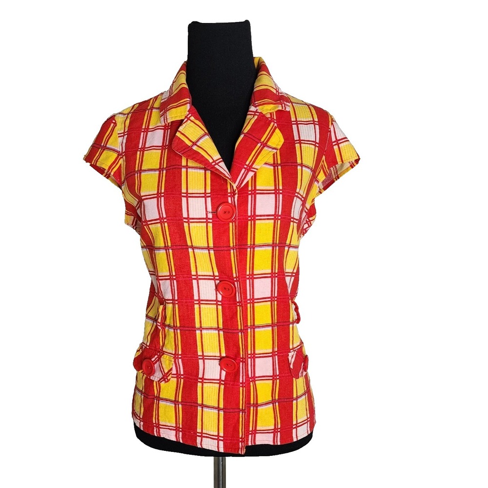 Y2K Womens Red Yellow Plaid Pink Pinup VTG Look Button Top Cottagecore Girlcore